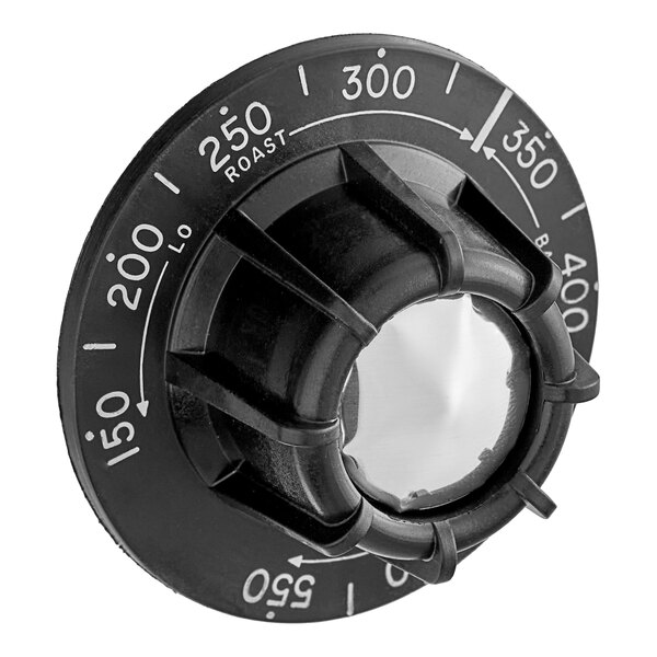 A black Vulcan oven control knob with white numbers.