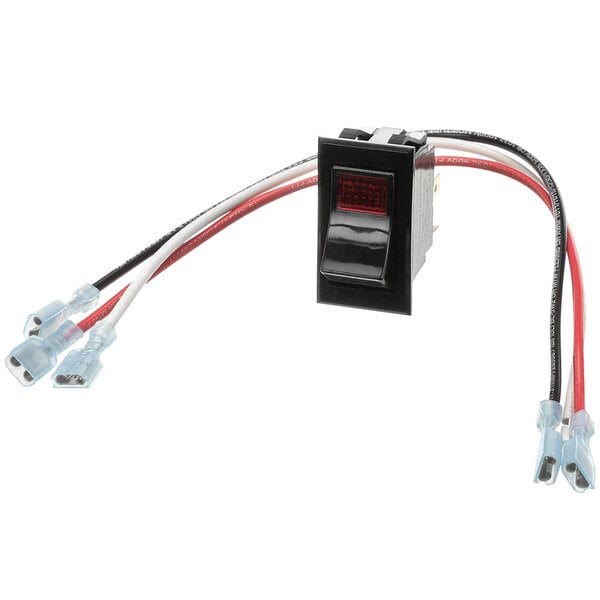 A black Vulcan lighted rocker switch with red and white wires.