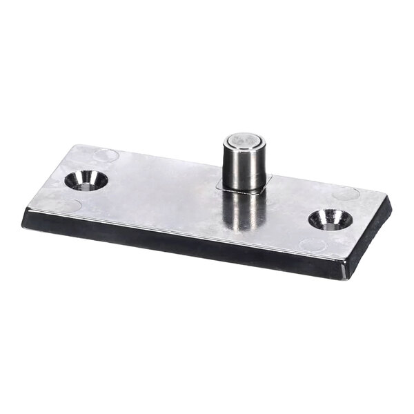 A rectangular metal door strike plate with two screw holes and a central raised pin.