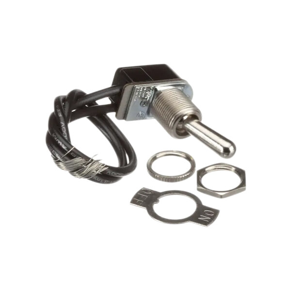 A close-up of a Levitan toggle switch with a metal ring.