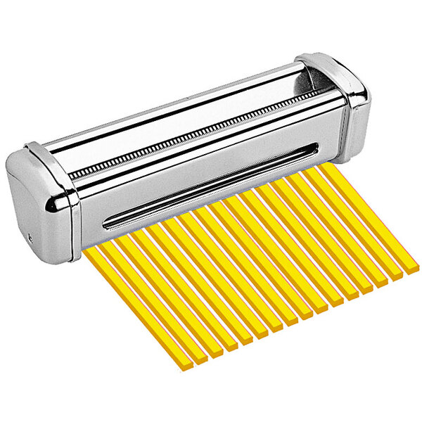 A close up of a yellow metal Imperia Capelli D'Angelo pasta cutter.