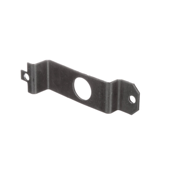 A black metal rectangular bracket with a hole in it.