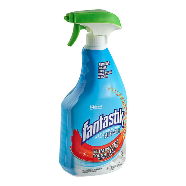 A blue and white SC Johnson fantastik spray bottle.