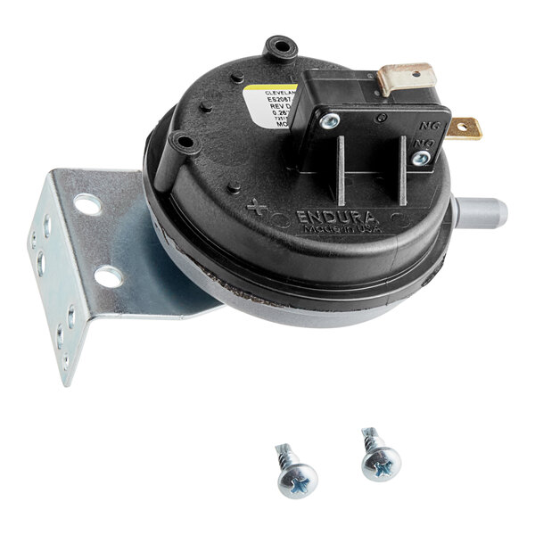 A Henny Penny 14894 black circular pressure switch with metal bracket and screws.