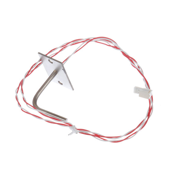 A metal hook with red and white wires attached to it.