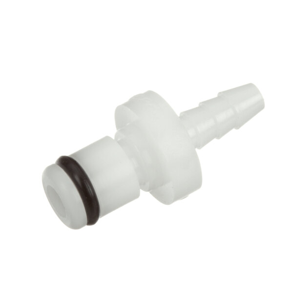 A white plastic tube with a black cap and white plastic connector.