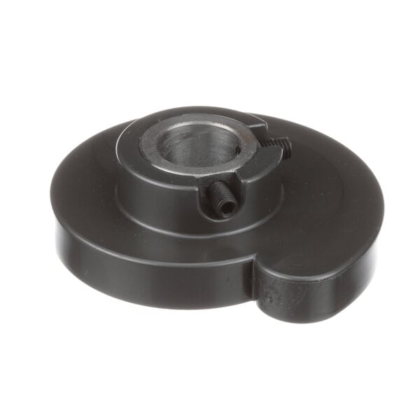A black plastic and metal table adjusting cam with a hole.