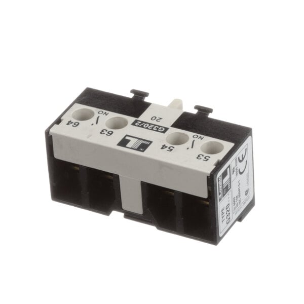 A Middleby Marshall M3322 hood interlock, a black and white electrical device with two terminals and two wires.