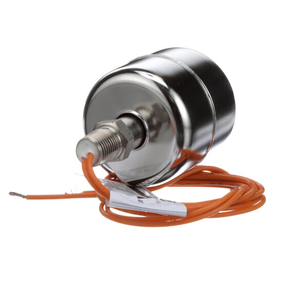 A metal cylinder with a metal tube and orange and white wires.