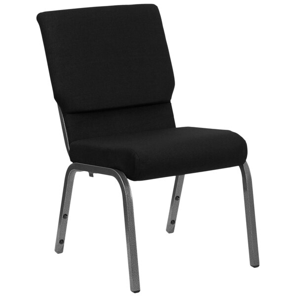 A Flash Furniture black church chair with a silver metal frame.