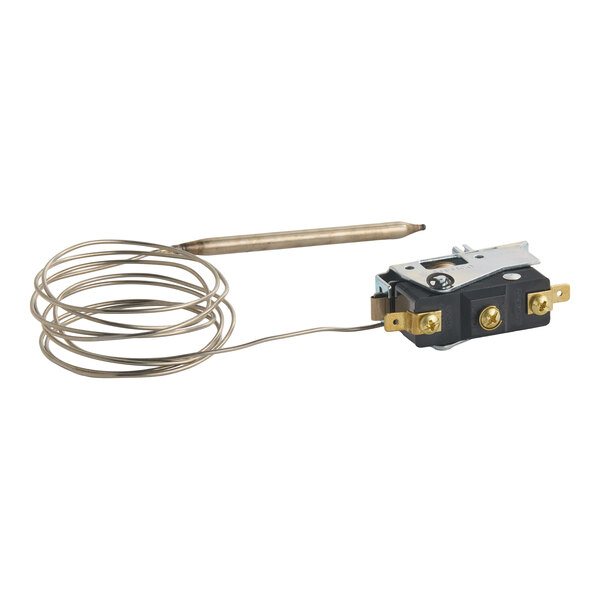 A mechanical thermostat control kit with a coiled temperature probe and electrical terminals.