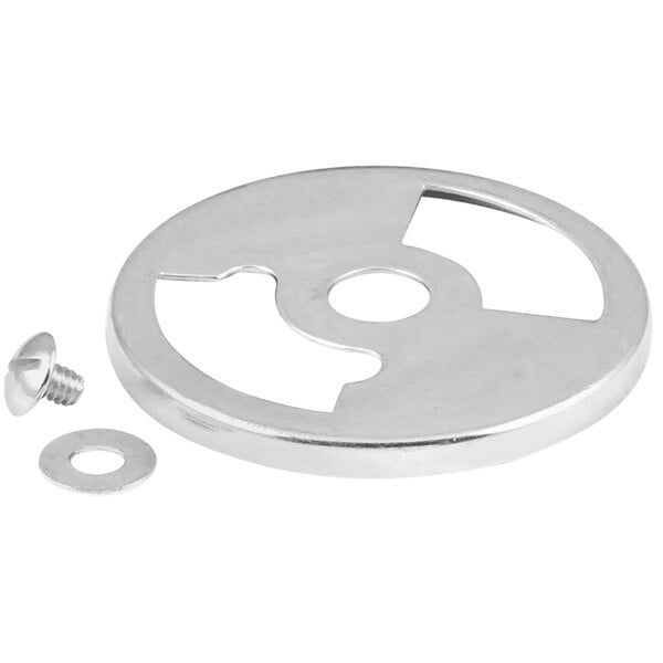 A silver circular metal air mixer cap with a screw.