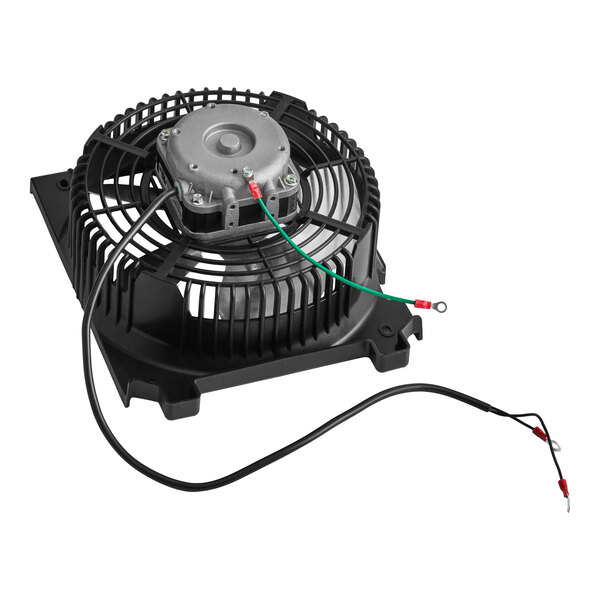 A black electric fan assembly with a protective grill, attached wires, and a mounting base.