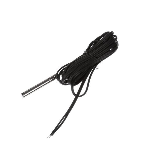 A black wire with a metal tube and white wire on it.