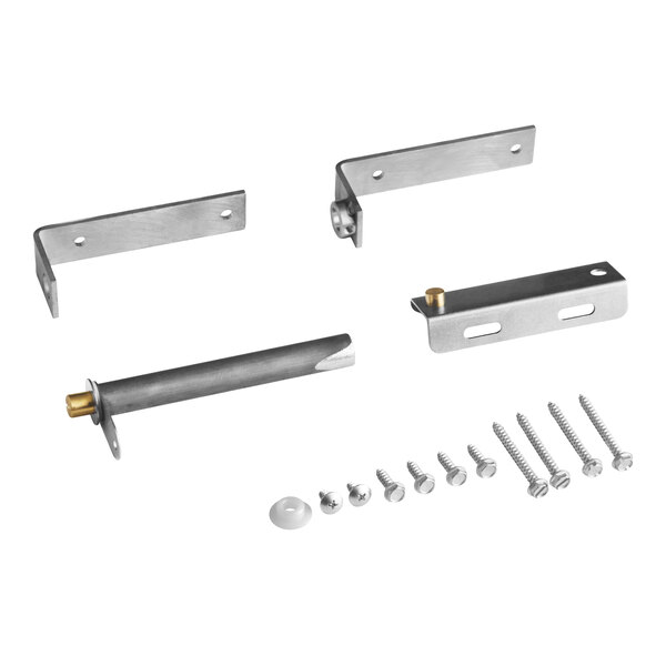 A set of metal brackets, rods, and assorted screws arranged on a white background.