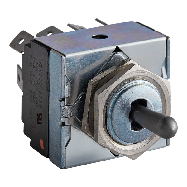 A metal toggle switch with a black knob on a Henny Penny fryer.