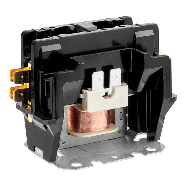 A close-up of a black and silver Manitowoc Ice contactor with a copper wire inside.