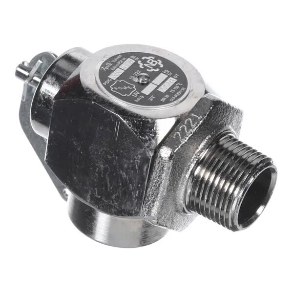 A metal relief valve with threaded connections and a labeled top, used for pressure control in plumbing or industrial systems.