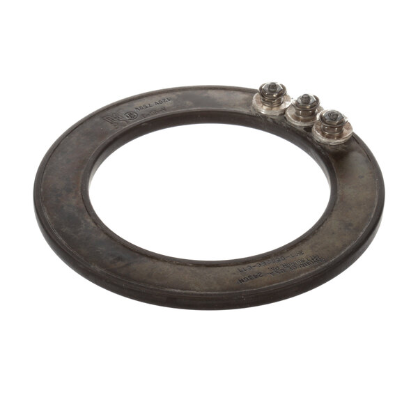 A circular metal ring with screws.