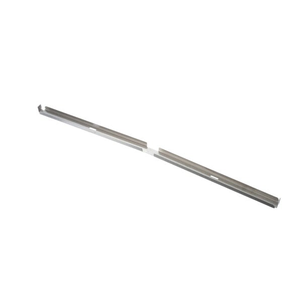 A metal refrigeration pan divider bar with holes and a handle.