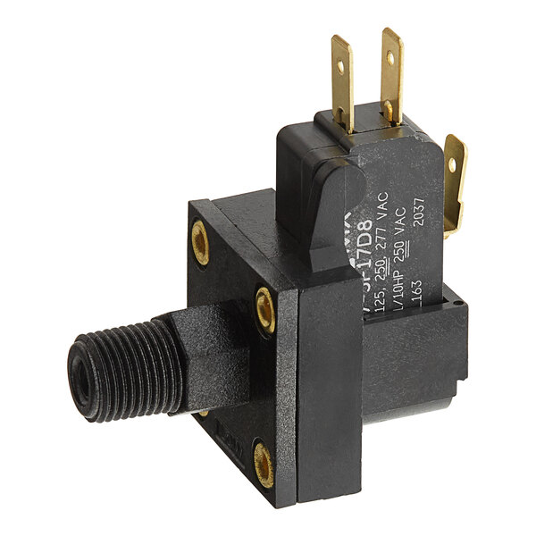 A black Accutemp pressure switch with gold screws and two wires.