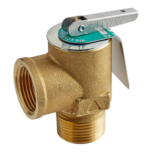 A close-up of a Cleveland brass safety valve with a metal handle.