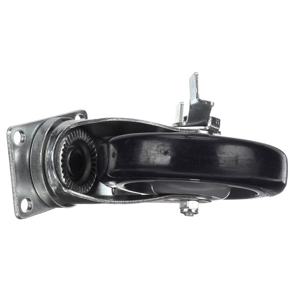 A close-up of a black and silver Randell caster wheel with metal bearings.