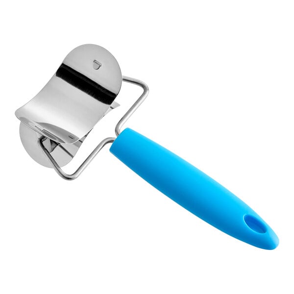 A stainless steel rolling circle cutter with a blue silicone handle.