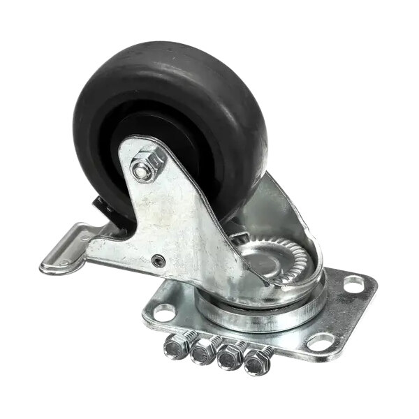 A black swivel caster wheel with a metal plate.