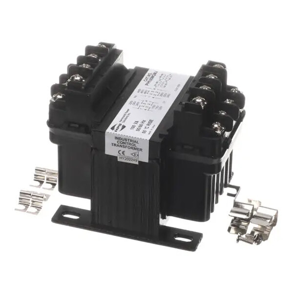 A black industrial control transformer with multiple screw terminals and mounting brackets.