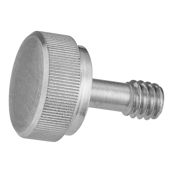 A close-up of a silver Manitowoc Ice screw with a nut on top.