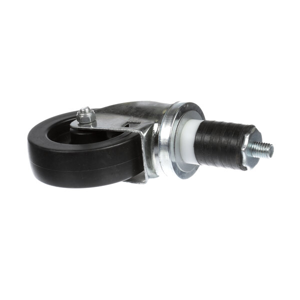 A black and metal Marshall Air caster wheel with a rubber tire.