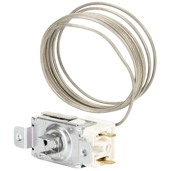 A Beverage-Air cold control thermostat with a wire attached.