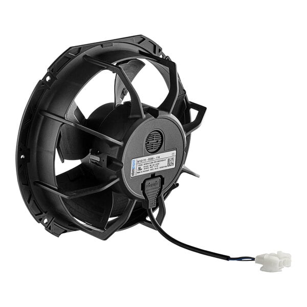 A Beverage-Air black axial fan with wires.