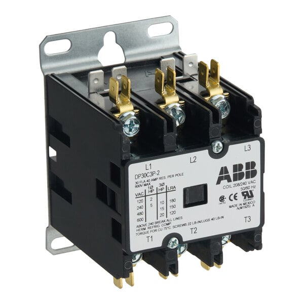 A three-pole ABB electrical contactor with a 208/240V coil, model DP30C3P-2.