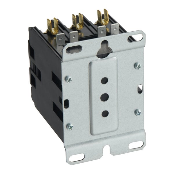 A metal and plastic electrical contactor with multiple connection terminals.