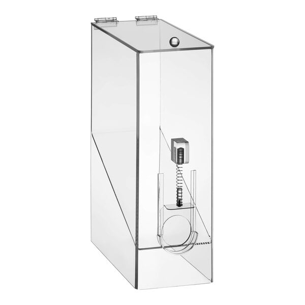 An acrylic dry food or coffee bean dispenser with a clear rectangular body and a dispensing mechanism at the bottom.