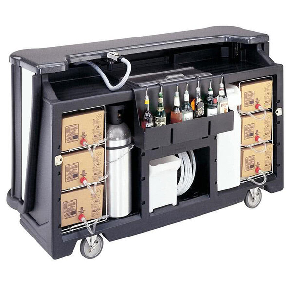 A black Cambro portable bar with bottles and a water tank on it.