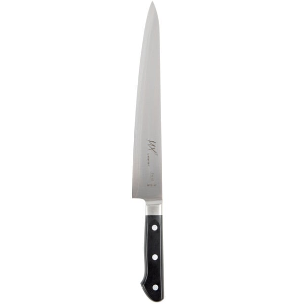 A Mercer Culinary MX3 Sujihiki knife with a black handle and silver blade.