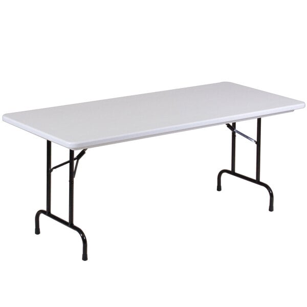 A gray rectangular Correll folding table with black legs.