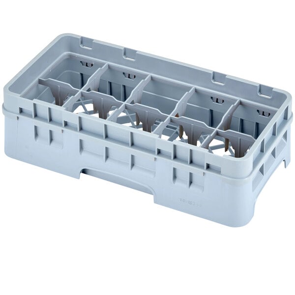 A grey plastic Cambro glass rack with 10 compartments and an extender.