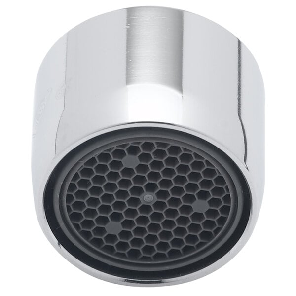 A silver T&S faucet aerator with a black mesh.