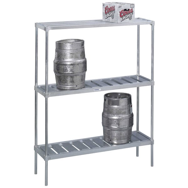 A metal Channel keg rack holding two kegs.