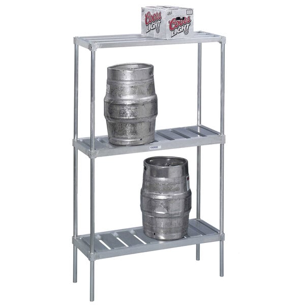 A Channel KAR42 metal keg rack with two beer kegs on it.