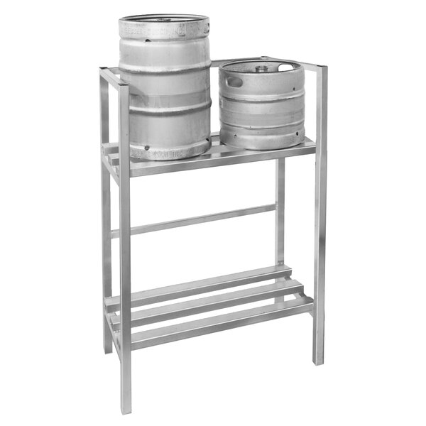 A Channel KSR48 metal rack with 4 metal kegs on it.