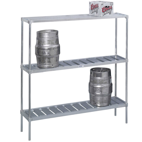 A Channel metal keg rack holding two kegs.