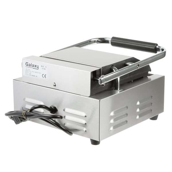 A silver rectangular Galaxy Single Panini Sandwich Grill with black wires.