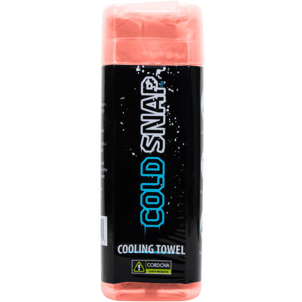 A bottle of Cordova orange cooling towels with a pink lid.