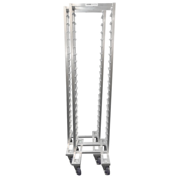 A metal Channel Lo Profile nesting steam table pan rack with shelves on wheels.