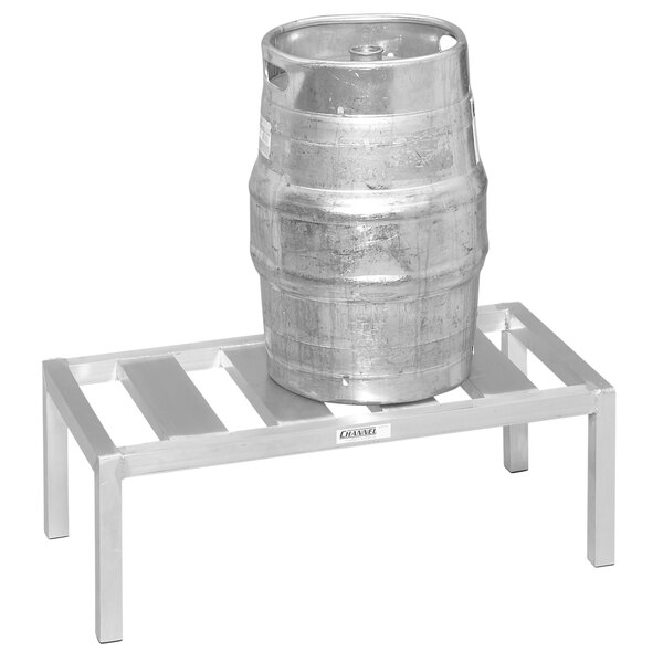 A Channel KDR136 keg dunnage rack holding a metal keg.